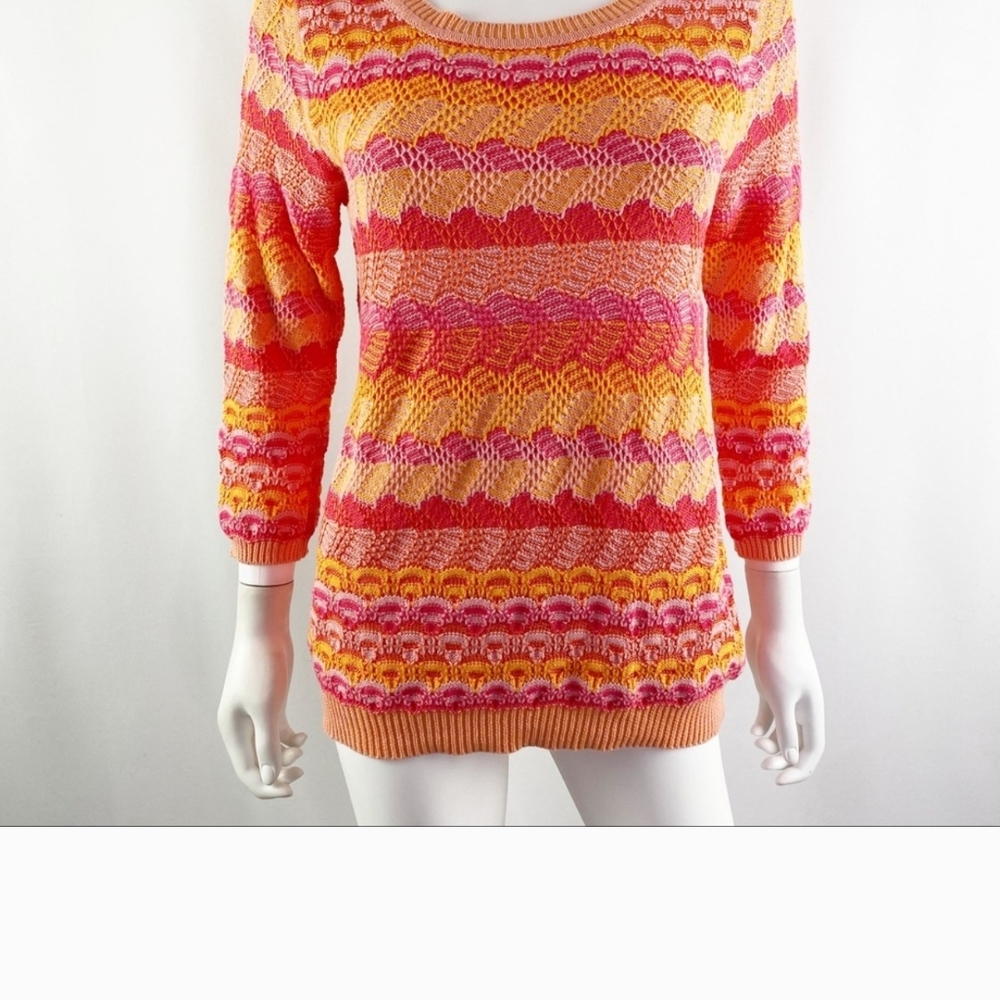 Anthropologie Pink and Orange Crew Neck Sweater with Zigzag Pattern
